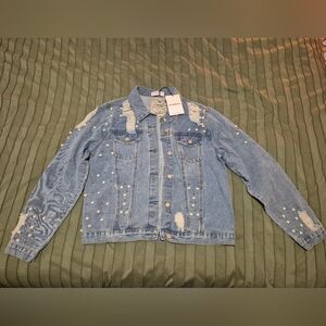 Women's Blue Denim Jacket with Pearl Accents